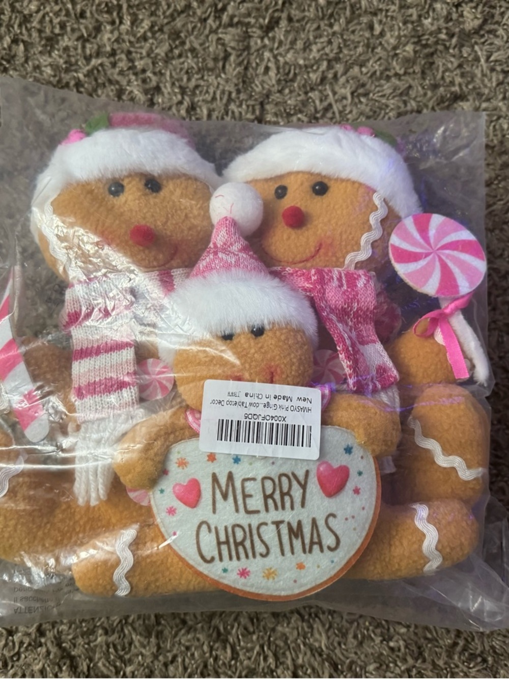 Plush Gingerbread Trio Holiday Ornament Set - Pink & White
